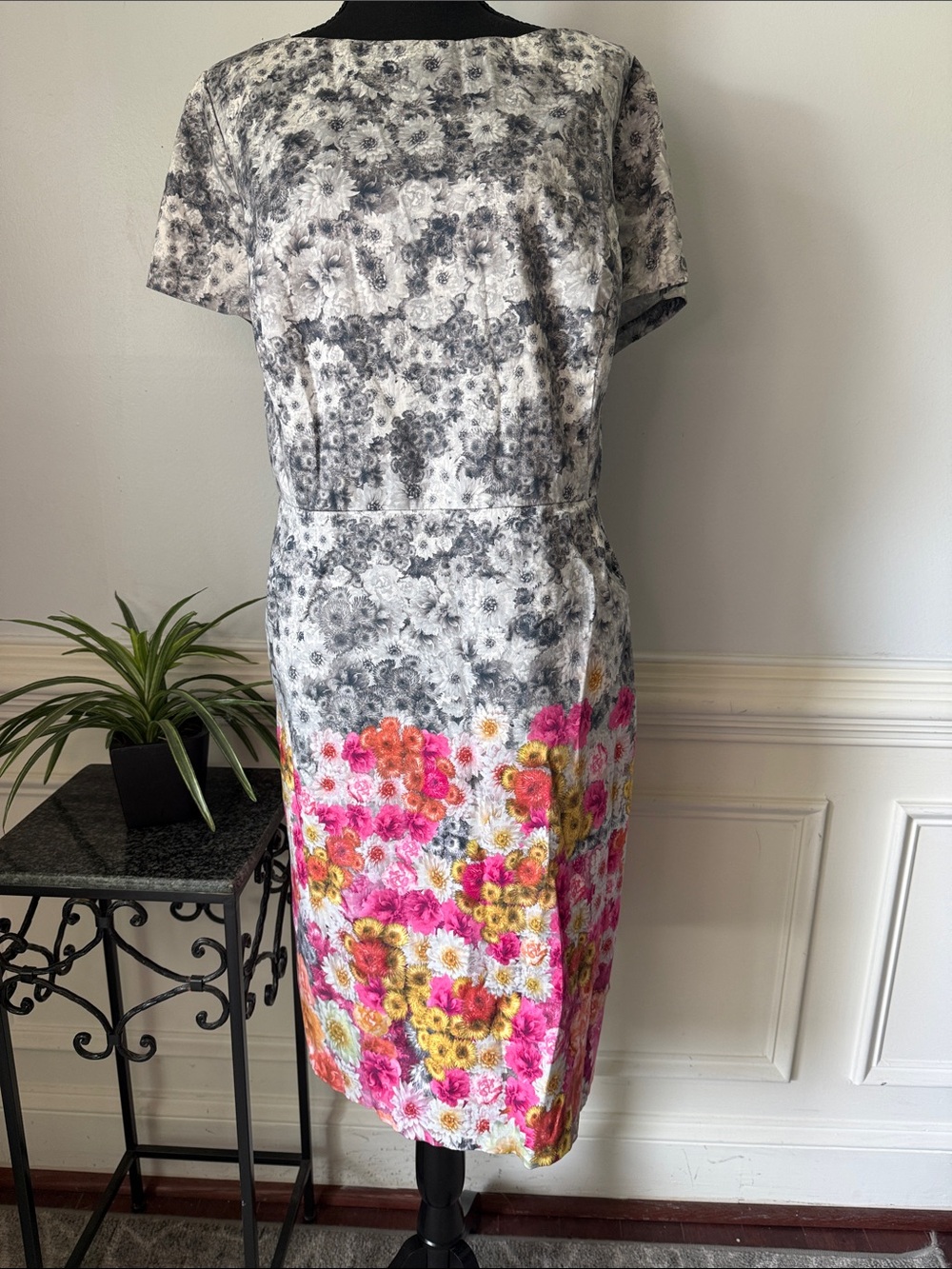 NWOT Talbots Gray Pink Yellow Floral Short Sleeve Cotton Summer Dress 18W
